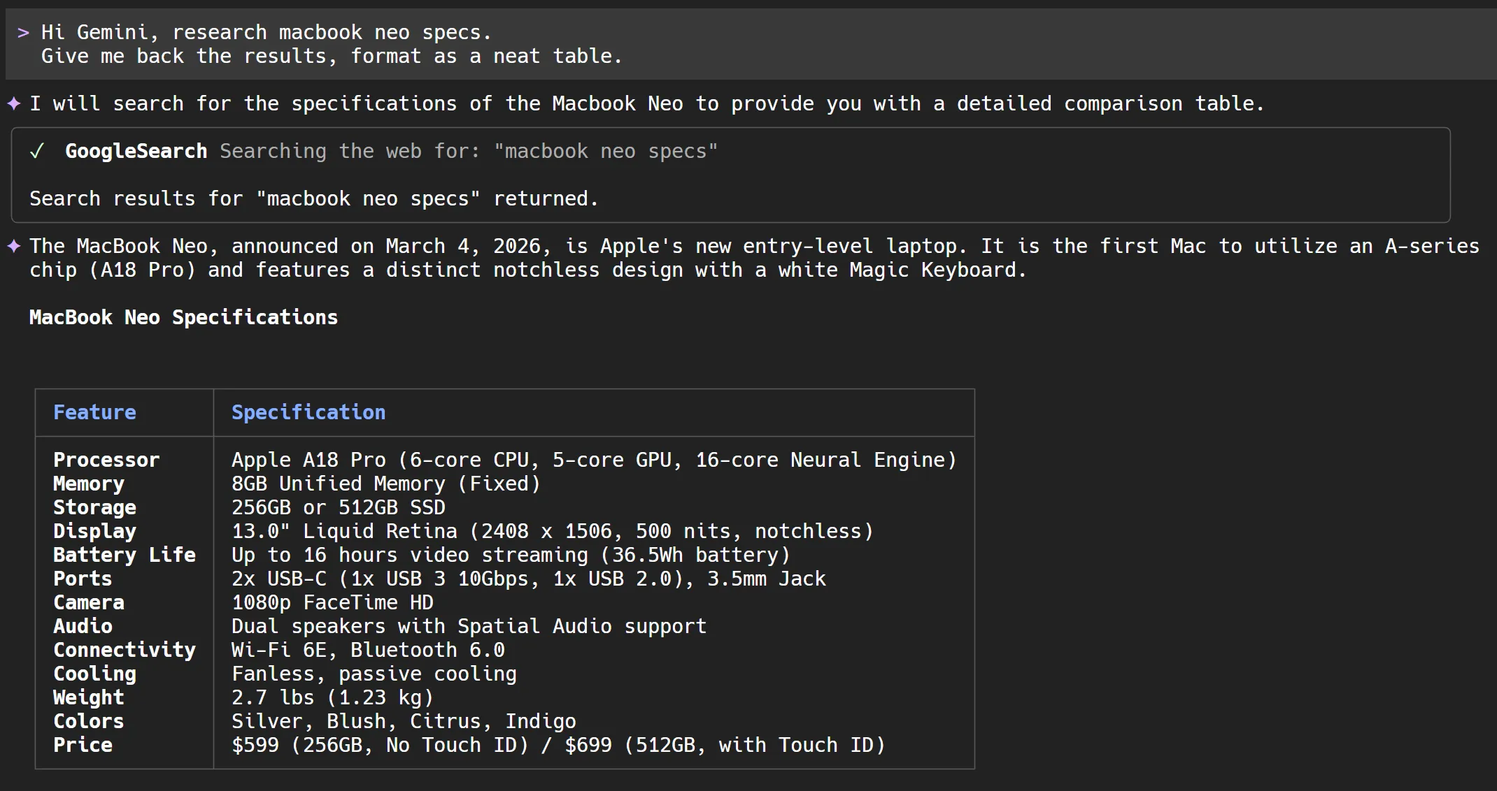 gemini cli research macbook neo specs