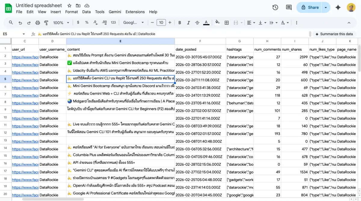 facebook posts in sheets