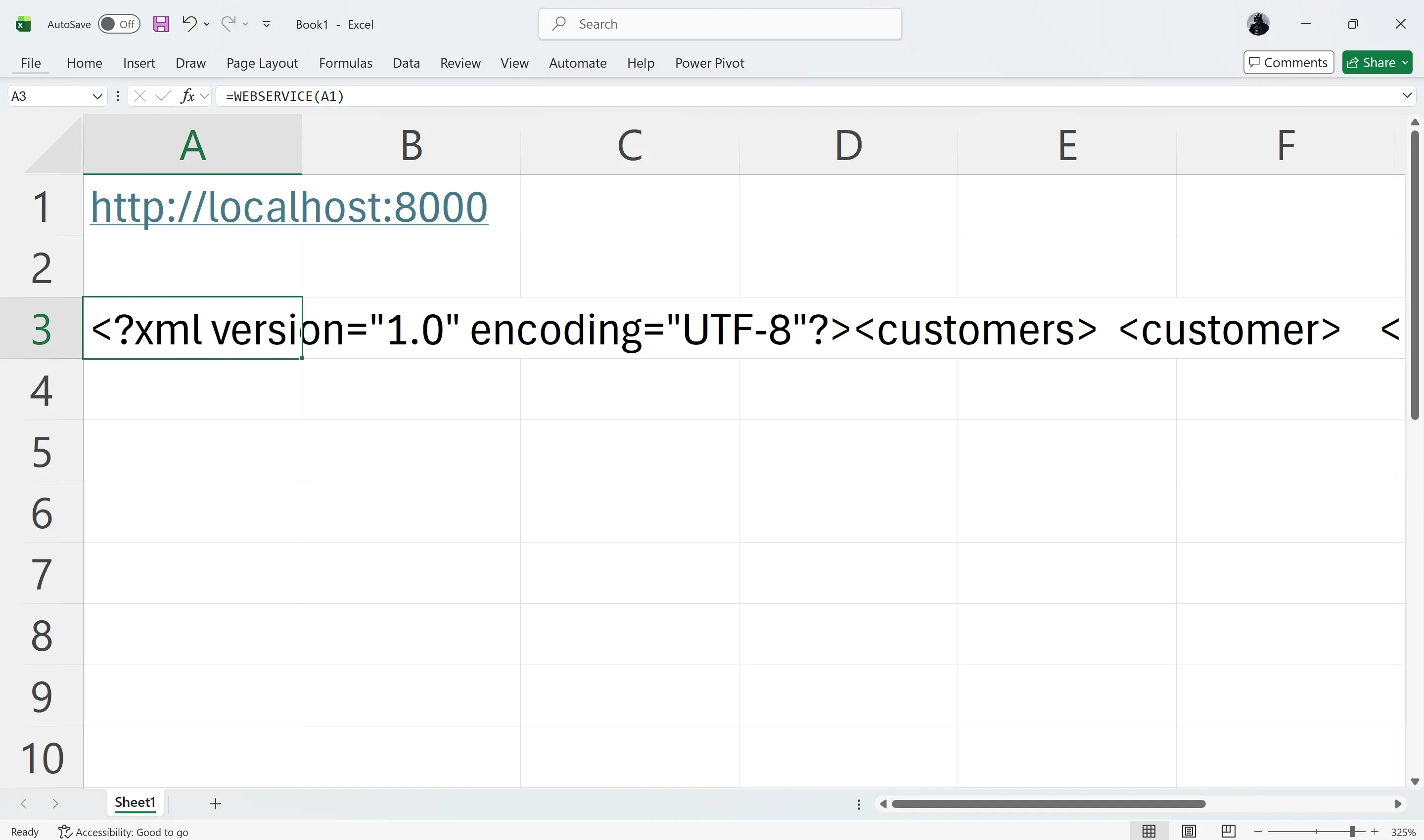 output using webservice in excel