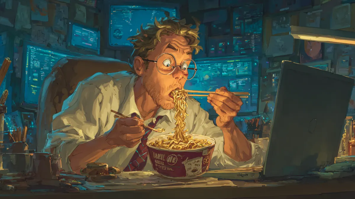 working and eating noodle at the same time