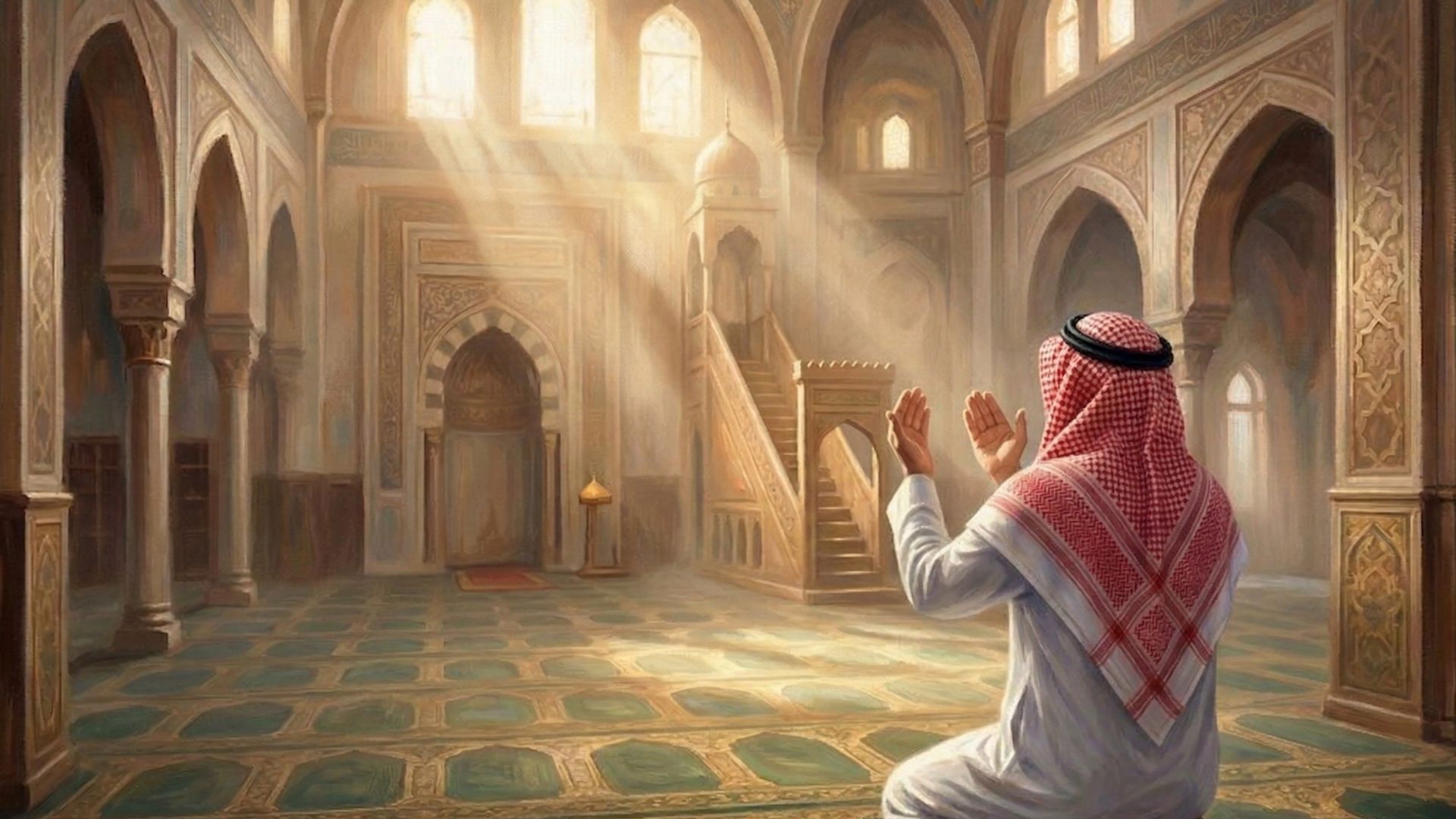 ภาพวาดเชิงสัญลักษณ์ : ผู้ชายหันหลัง นั่งคุกเข่ายกมือขอดุอาอฺในมัสยิด